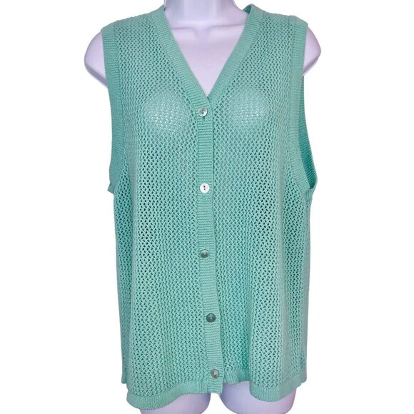 Vintage 80s Womens M Sweater Vest Mint Green Knit Button Down Cardigan Sleeveles - Picture 1 of 6